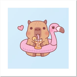 Cute Capybara With Flamingo Pool Float For Summer Posters and Art